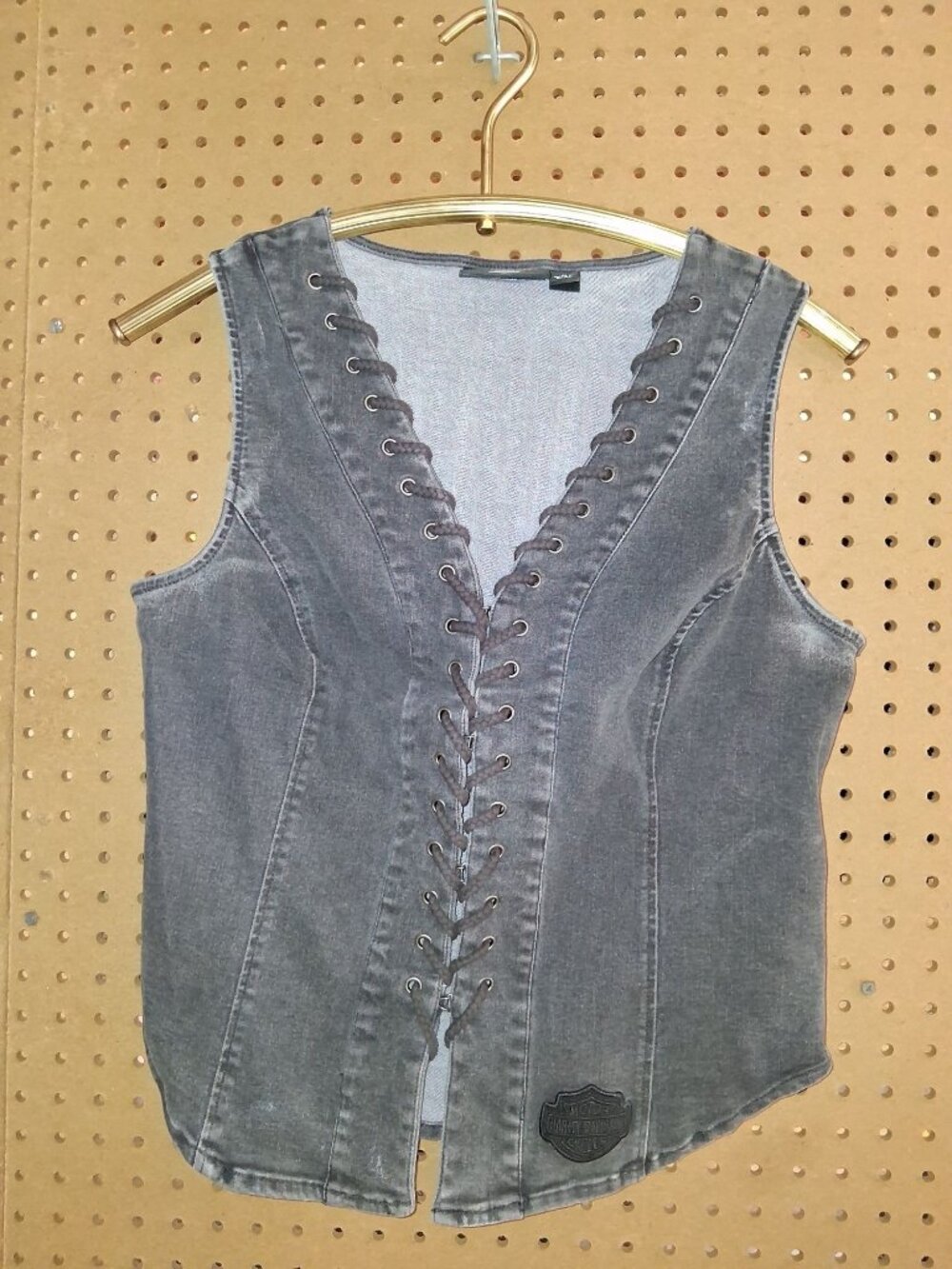 Harley-Davidson Womens Gray Lace-Up Denim Vest Size M Distressed Style